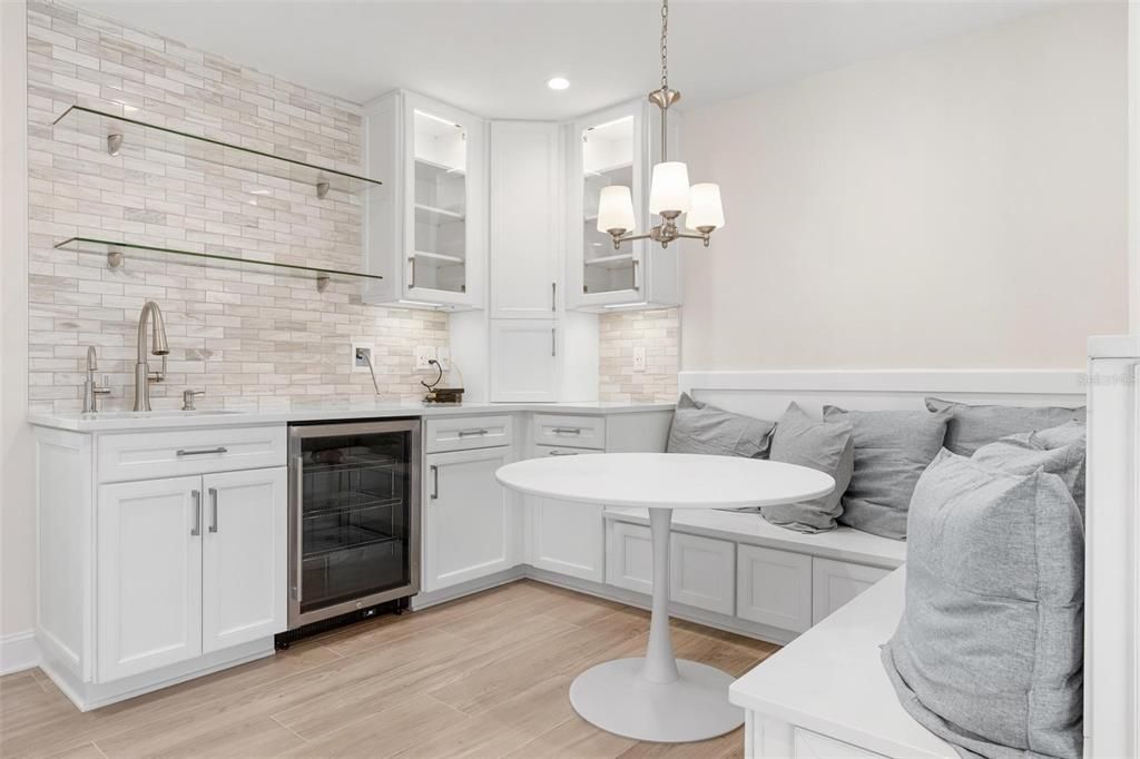 Interior, Kitchen, Pendant Lights, Recessed Lighting, Stone Walls, Wood Texture Flooring