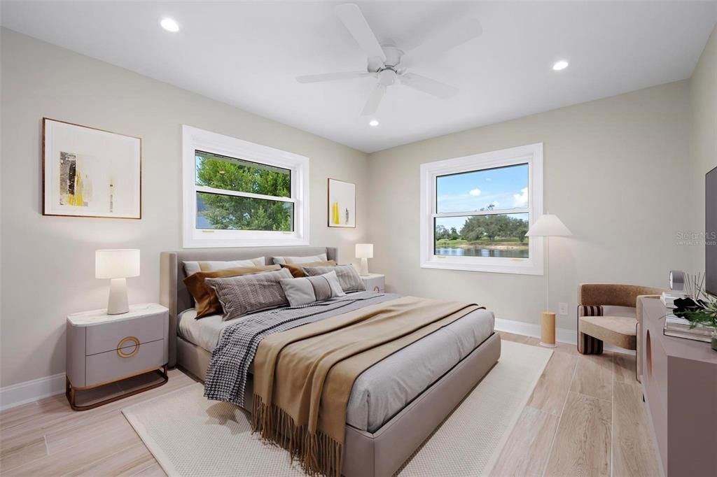 Bedroom, Interior, Recessed Lighting, Wood Texture Flooring