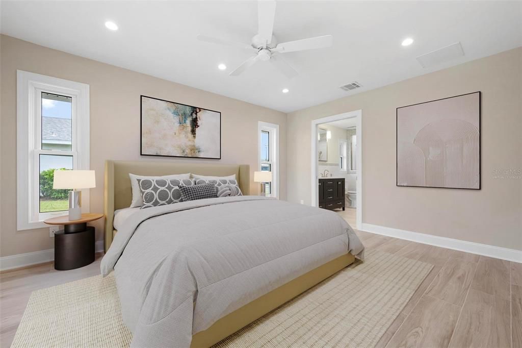 Bedroom, Interior, Recessed Lighting, Wood Texture Flooring