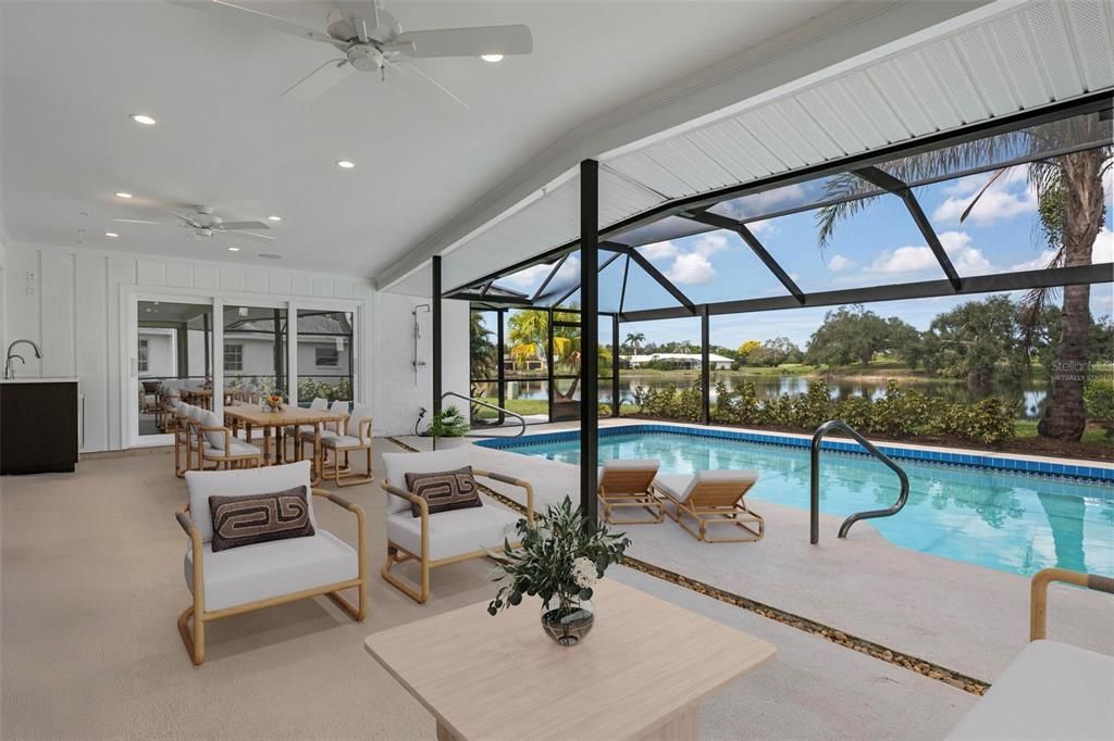 Dining room, Glass Ceilings, Interior, Pool, Recessed Lighting, Sun Room, Water