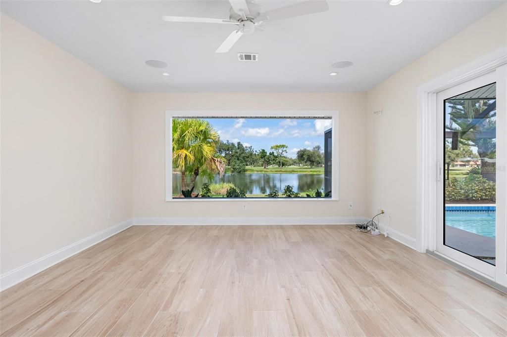 Empty room, Interior, Recessed Lighting, Water, Wood Texture Flooring
