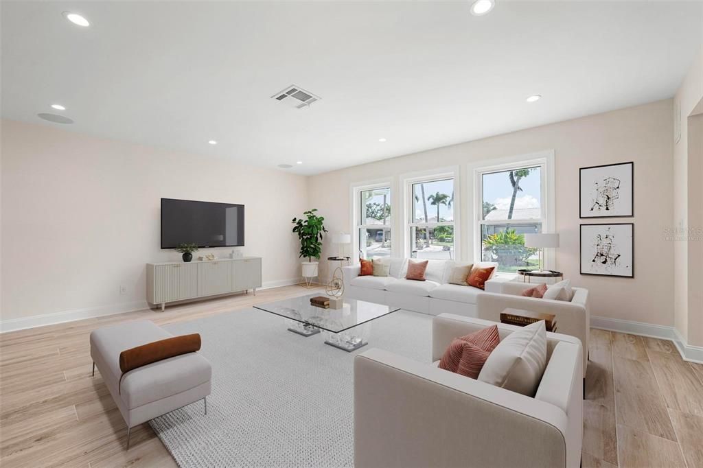 Interior, Living room, Recessed Lighting, Wood Texture Flooring