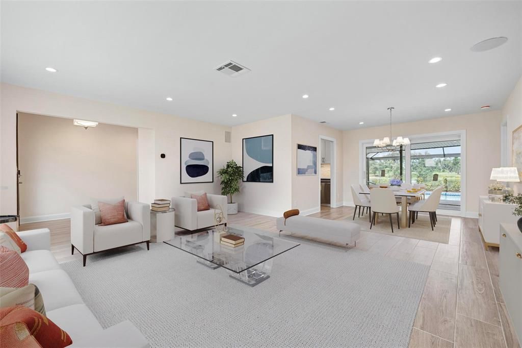 Chandelier, Dining room, Interior, Living room, Pendant Lights, Recessed Lighting, Wood Texture Flooring