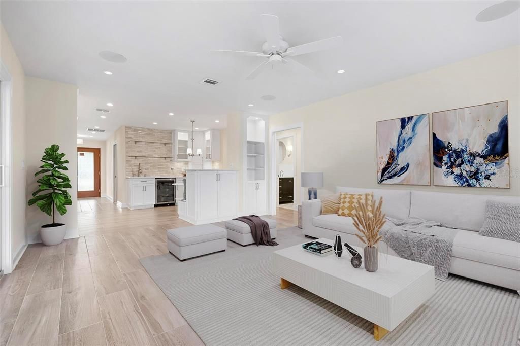 Interior, Kitchen, Living room, Pendant Lights, Recessed Lighting, Wood Texture Flooring