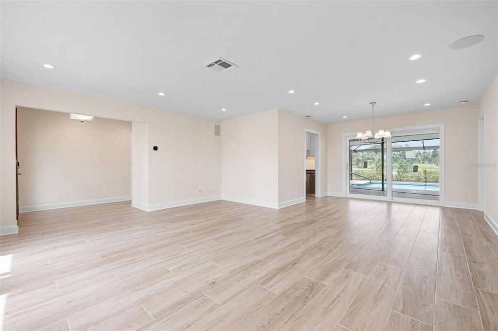 Chandelier, Empty room, Interior, Recessed Lighting, Wood Texture Flooring