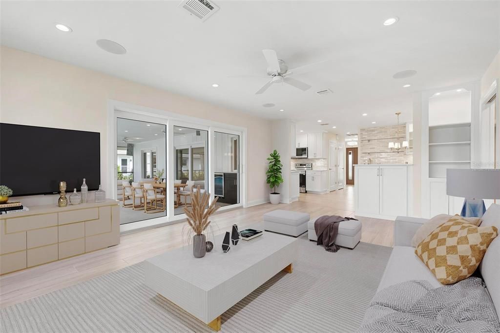 Dining room, Interior, Kitchen, Living room, Pendant Lights, Recessed Lighting, Stainless Steel Appliances, Wood Texture Flooring