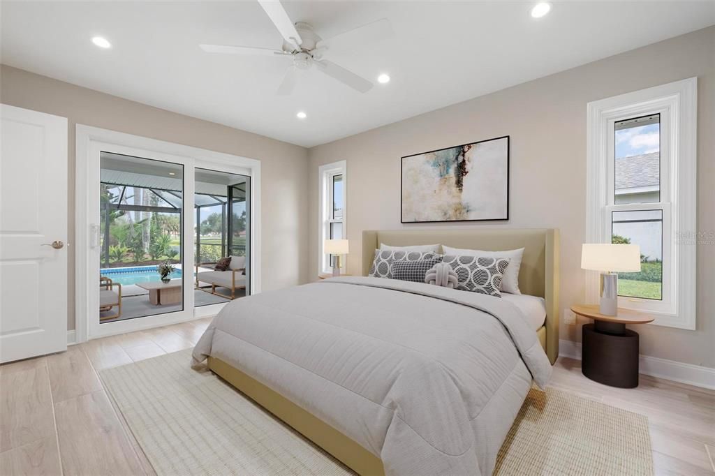 Bedroom, Interior, Recessed Lighting, Wood Texture Flooring