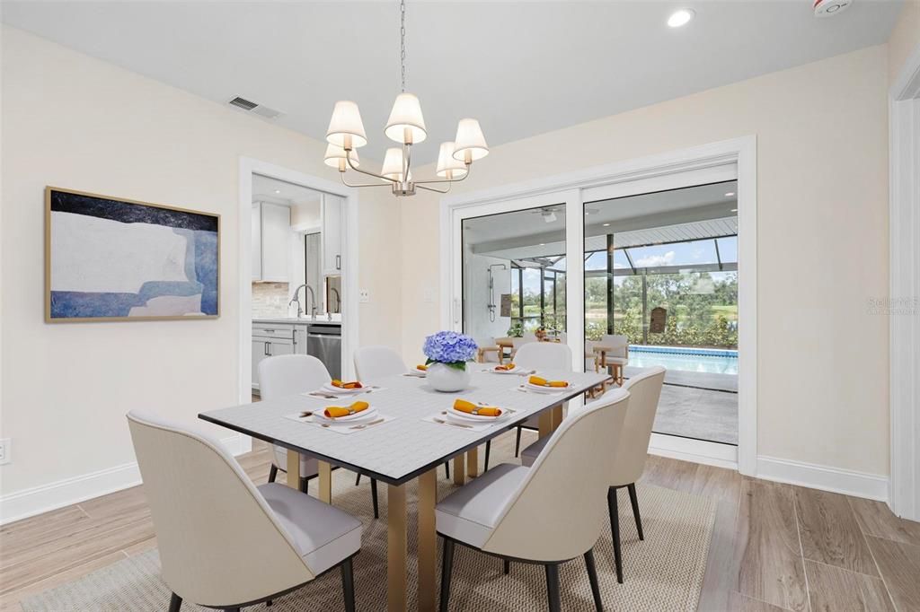 Chandelier, Dining room, Interior, Recessed Lighting, Wood Texture Flooring