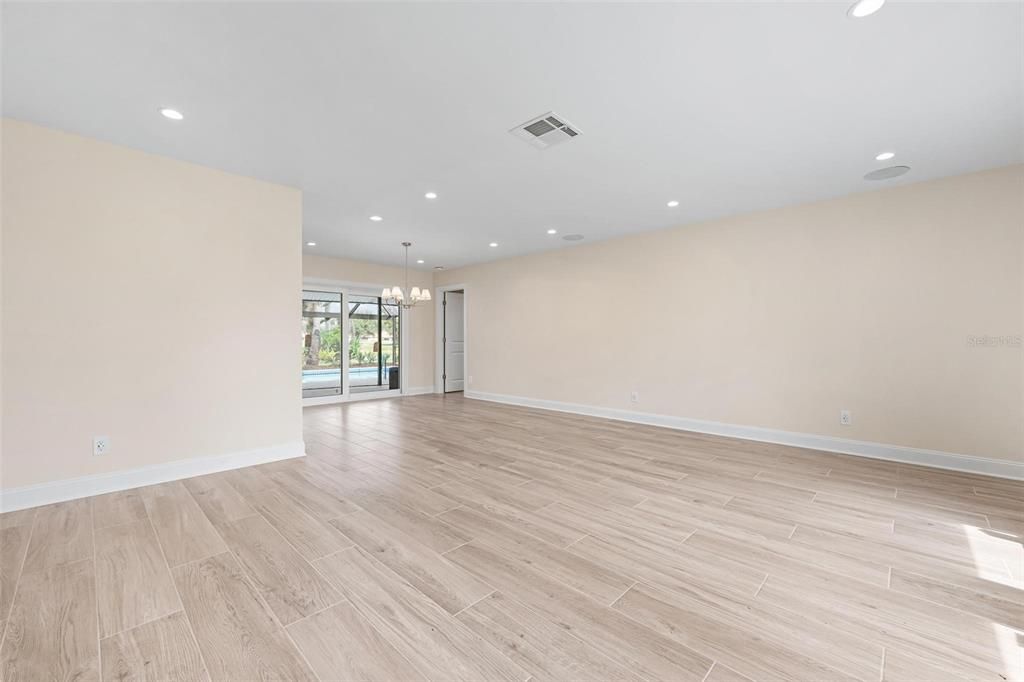 Empty room, Interior, Pendant Lights, Recessed Lighting, Wood Texture Flooring