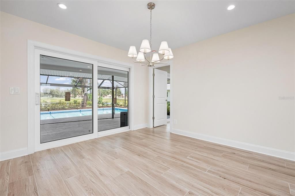 Chandelier, Empty room, Interior, Recessed Lighting, Wood Texture Flooring