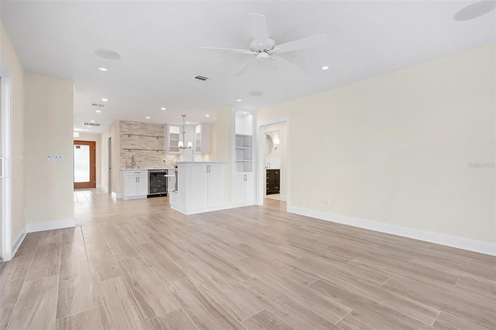 Empty room, Interior, Kitchen, Pendant Lights, Recessed Lighting, Wood Texture Flooring