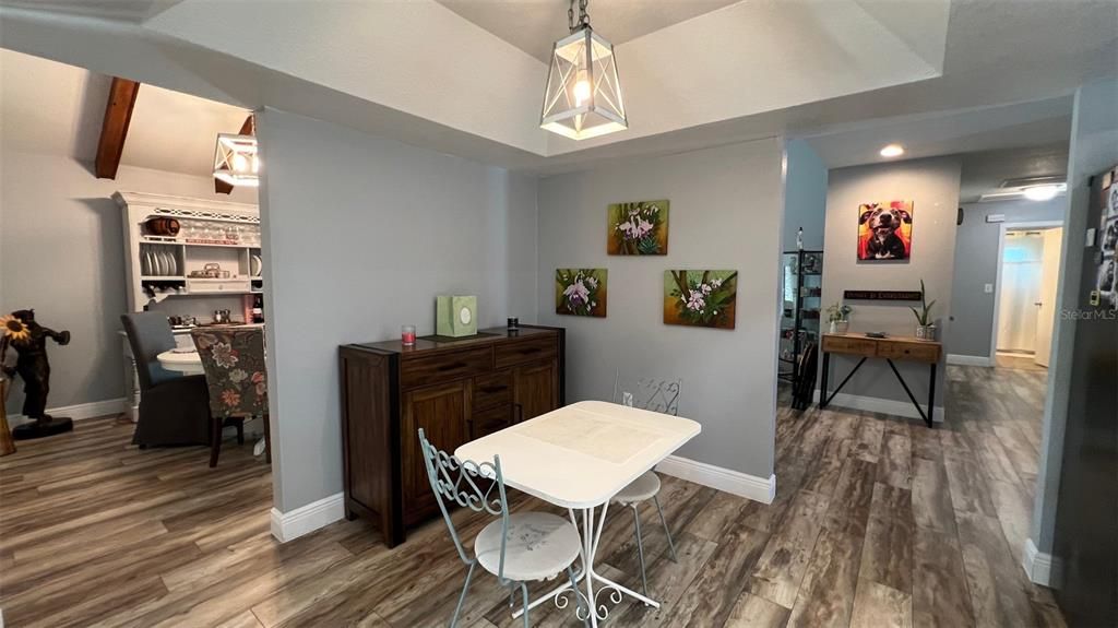 Dining room, Interior, Pendant Lights, Recessed Lighting, Wood Texture Flooring