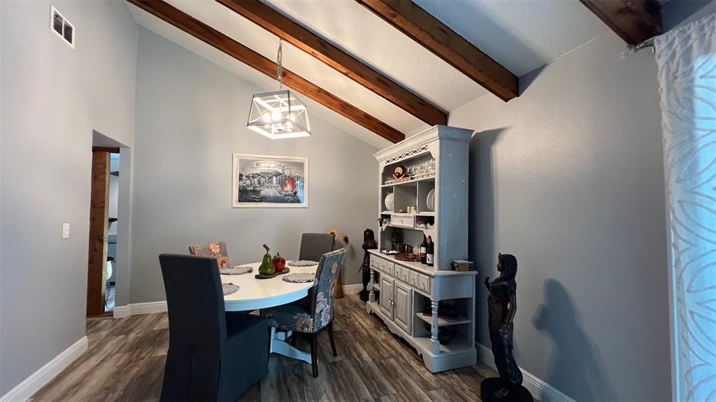Dining room, Interior, Pendant Lights, Wooden Beams, Wood Texture Flooring