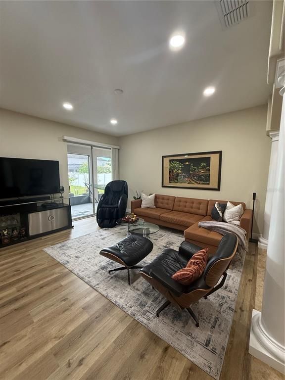 Interior, Living room, Recessed Lighting, Wood Texture Flooring
