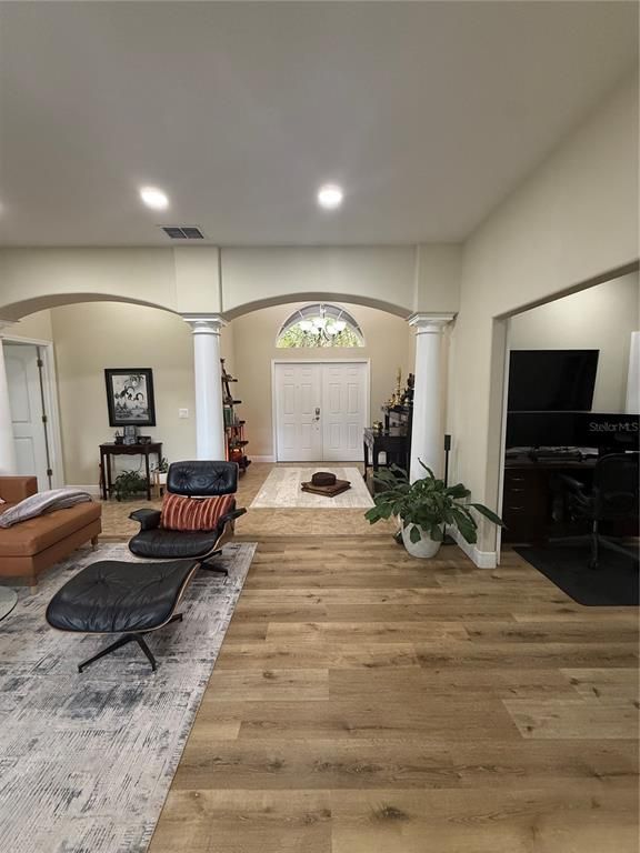 Fireplace, Interior, Living room, Recessed Lighting, Wood Texture Flooring