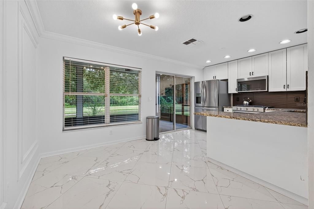 Interior, Kitchen, Marble, Pendant Lights, Recessed Lighting, Stainless Steel Appliances