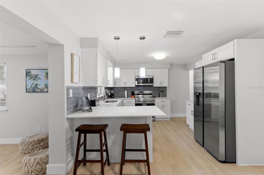 Interior, Kitchen, Pendant Lights, Stainless Steel Appliances, Wood Texture Flooring