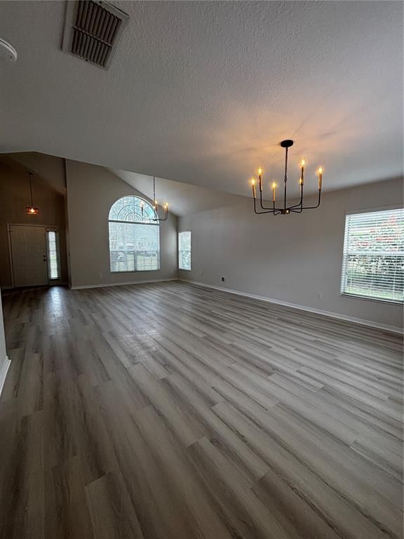 Chandelier, Empty room, Interior, Pendant Lights, Wood Texture Flooring