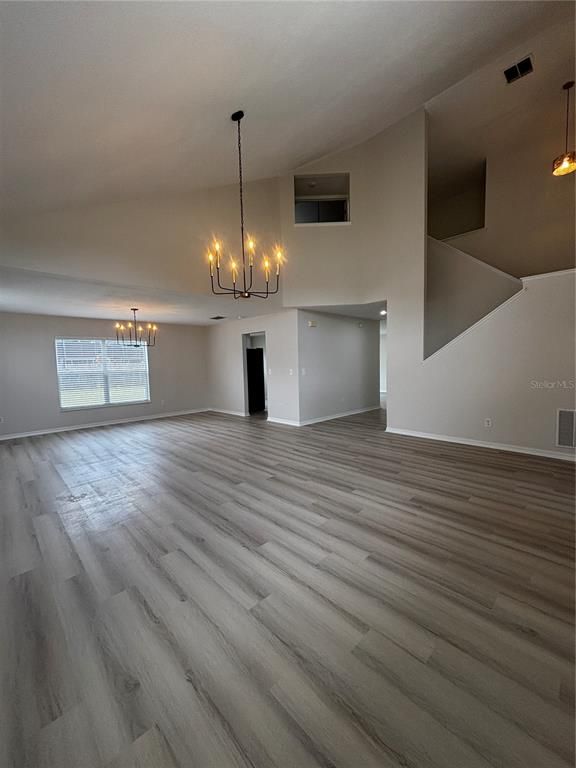 Chandelier, Empty room, Interior, Pendant Lights, Wood Texture Flooring