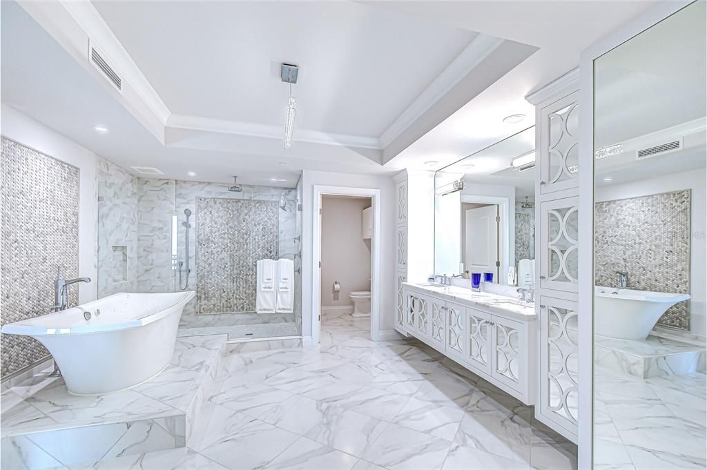 Bathroom, Dual Sink Vanities, Free Standing Baths, Glass Shower, Interior, Marble, Marble Walls, Recessed Lighting