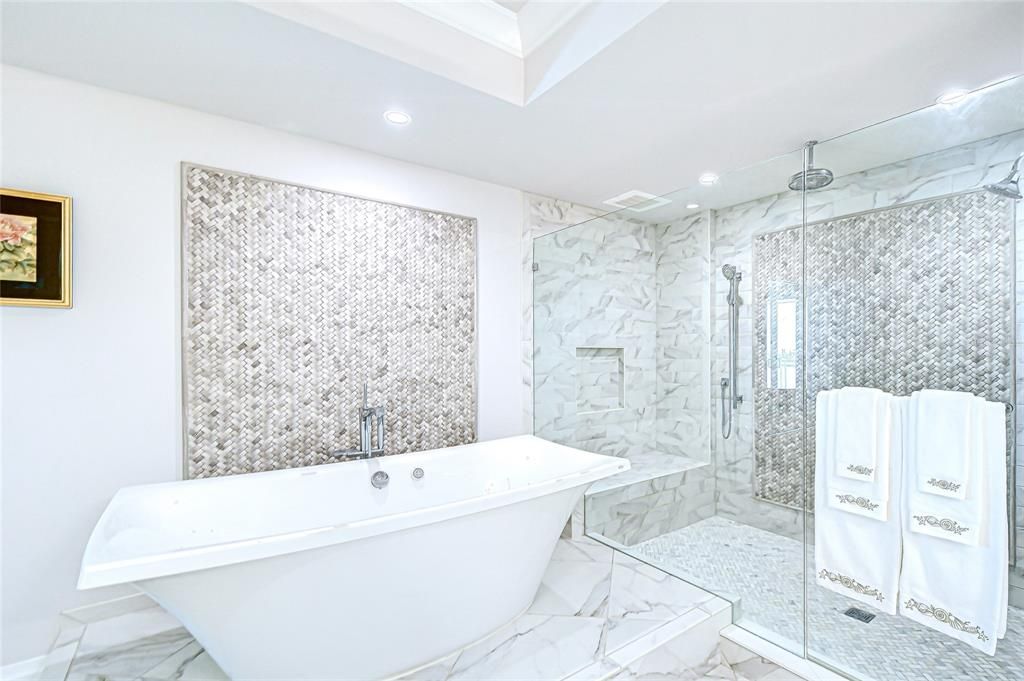 Bathroom, Free Standing Baths, Glass Shower, Interior, Marble, Marble Walls, Recessed Lighting