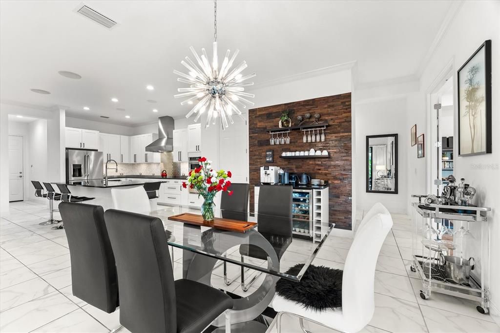 Dining room, Interior, Kitchen, Marble, Pendant Lights, Recessed Lighting, Stainless Steel Appliances, Stone Walls