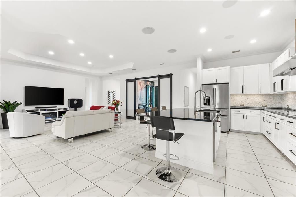 Interior, Kitchen, Living room, Marble, Recessed Lighting, Stainless Steel Appliances