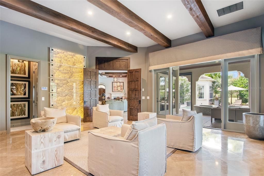 Interior, Living room, Recessed Lighting, Wooden Beams