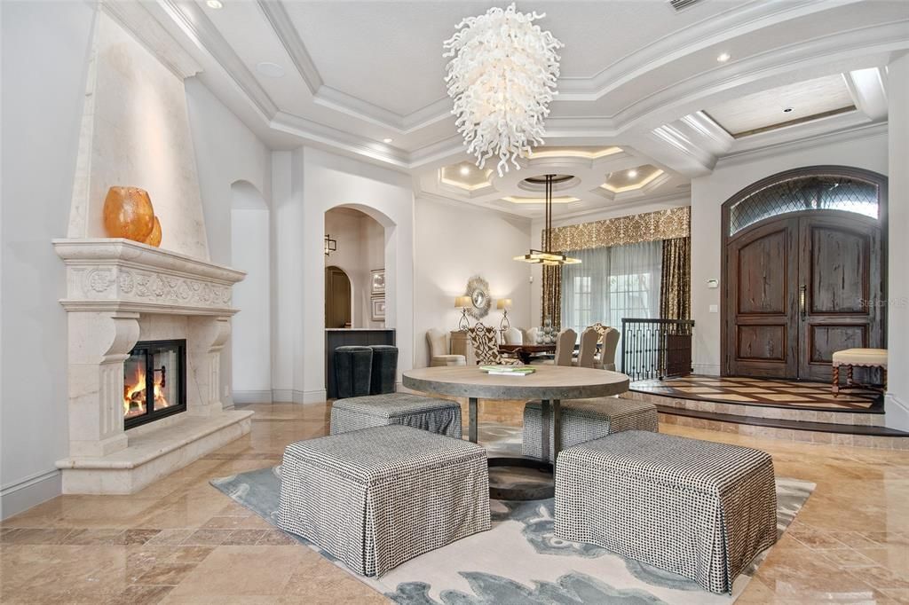 Chandelier, Dining room, Fireplace, Interior, Recessed Lighting