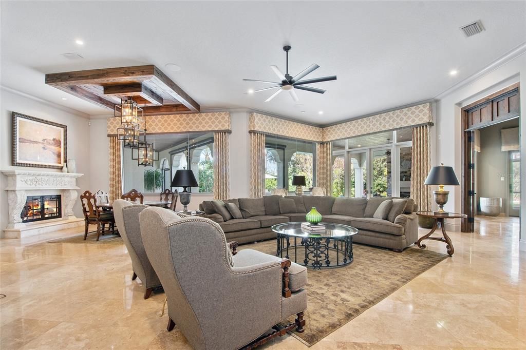 Chandelier, Dining room, Fireplace, Interior, Living room, Recessed Lighting, Wooden Beams