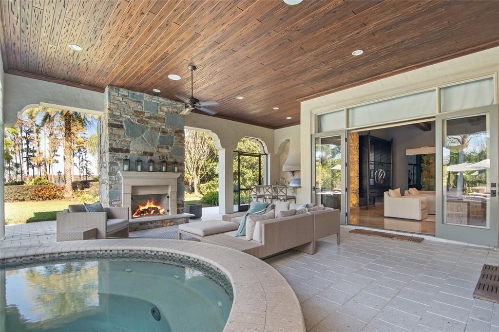 Exterior, Fireplace, Interior, Living room, Pool, Recessed Lighting, Wooden Ceilings