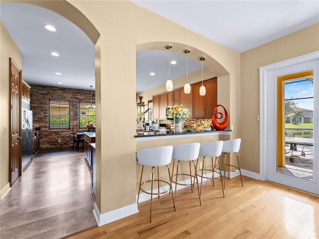 Interior, Pendant Lights, Recessed Lighting, Stone Walls, Wood Texture Flooring