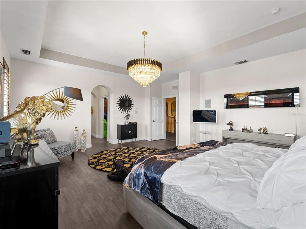 Bedroom, Chandelier, Interior, Wood Texture Flooring