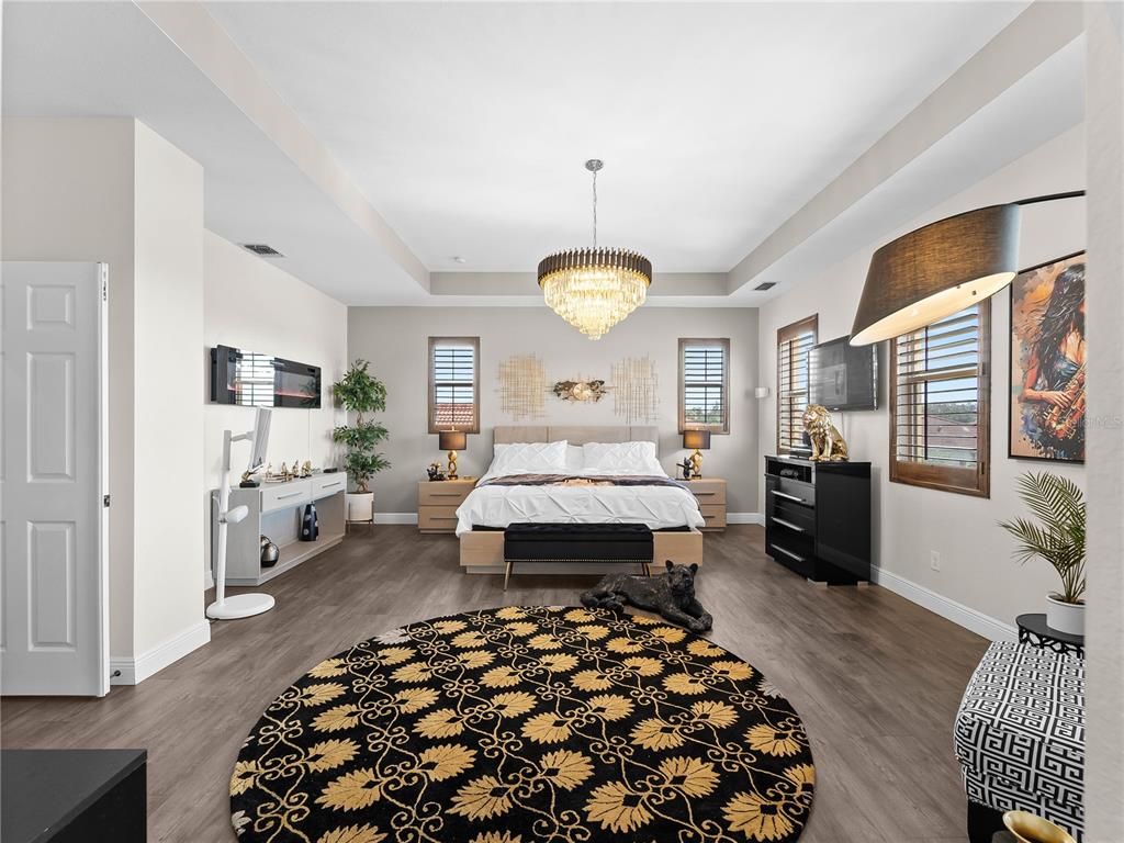 Bedroom, Chandelier, Interior, Wood Texture Flooring