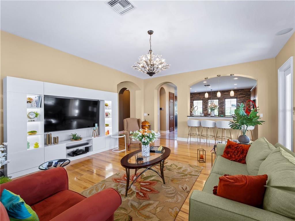 Interior, Living room, Pendant Lights, Wood Texture Flooring