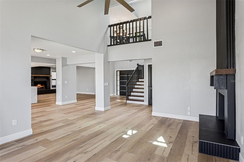 Fireplace, Interior, Recessed Lighting, Wood Texture Flooring