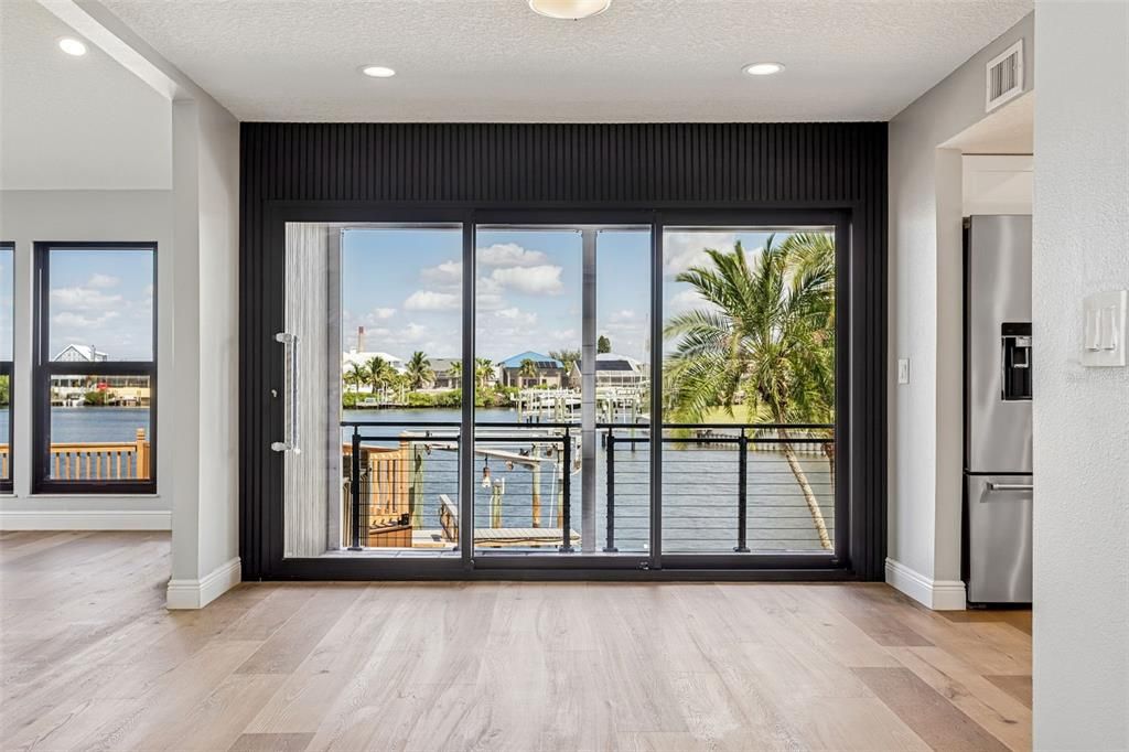 Interior, Recessed Lighting, Stainless Steel Appliances, Water, Wood Texture Flooring