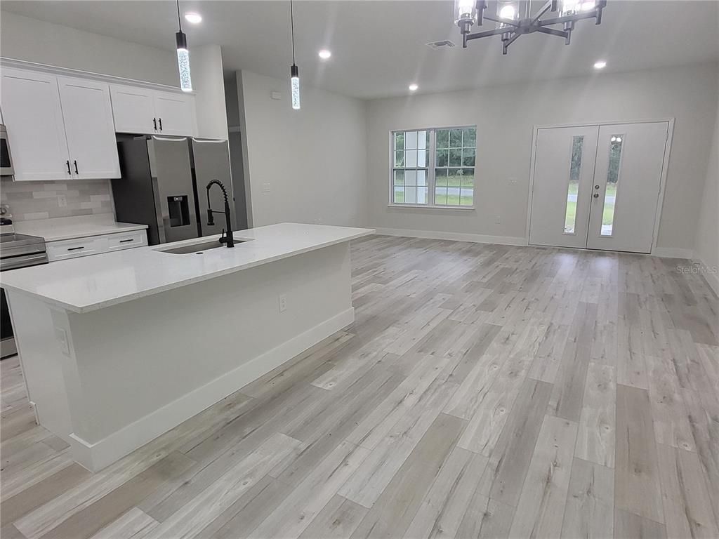 Chandelier, Interior, Kitchen, Pendant Lights, Recessed Lighting, Wood Texture Flooring