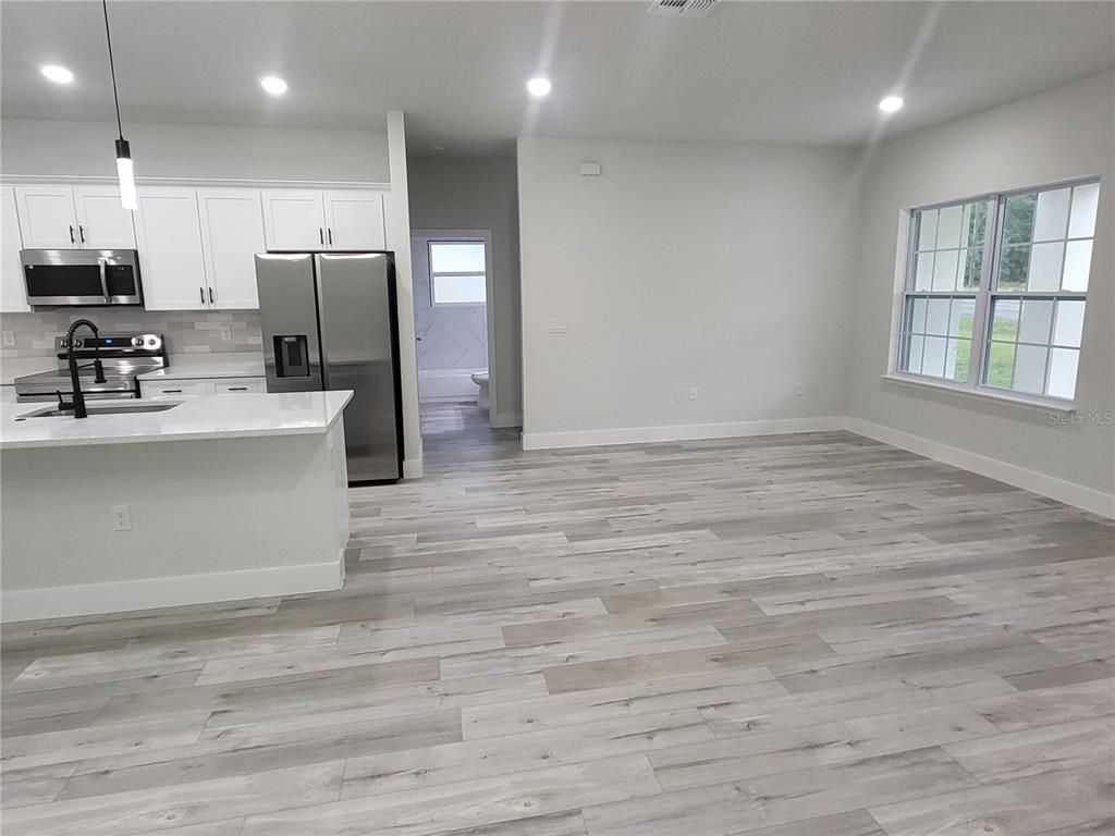 Interior, Kitchen, Pendant Lights, Recessed Lighting, Wood Texture Flooring