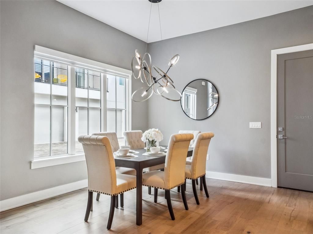 Dining room, Interior, Pendant Lights, Wood Texture Flooring