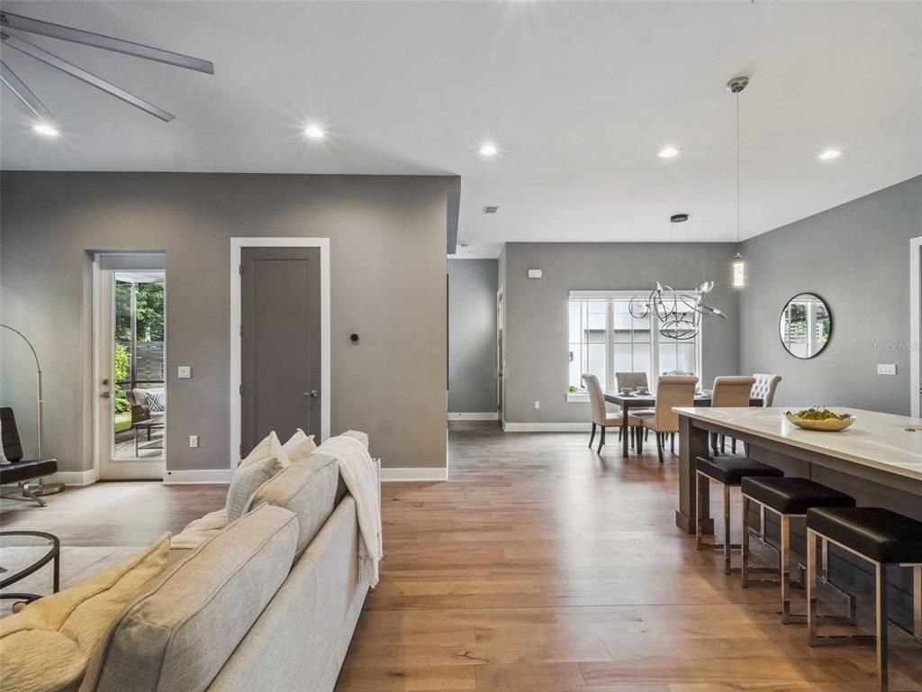 Dining room, Interior, Pendant Lights, Recessed Lighting, Wood Texture Flooring