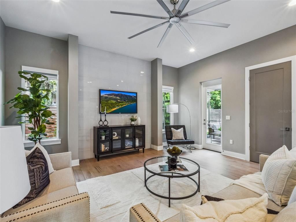 Interior, Living room, Recessed Lighting, Wood Texture Flooring