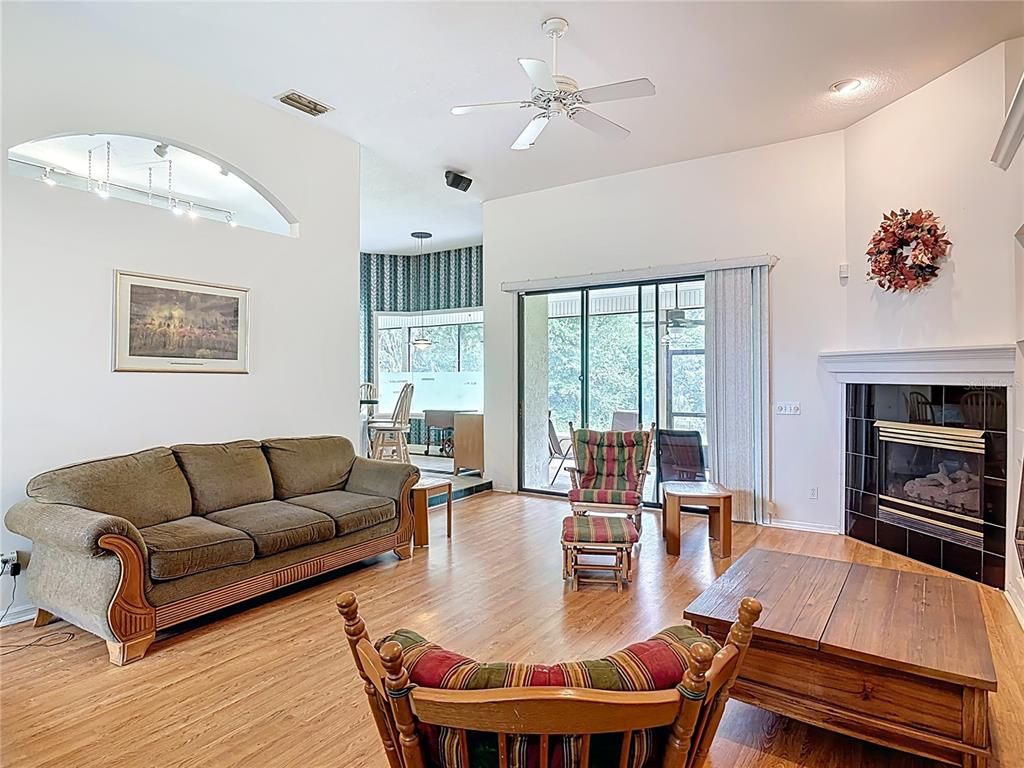Dining room, Fireplace, Interior, Living room, Recessed Lighting, Wood Texture Flooring