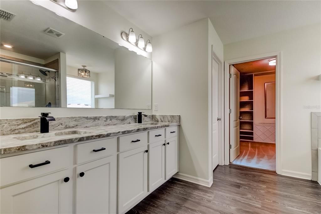 Bathroom, Dual Sink Vanities, Interior, Recessed Lighting, Wood Texture Flooring