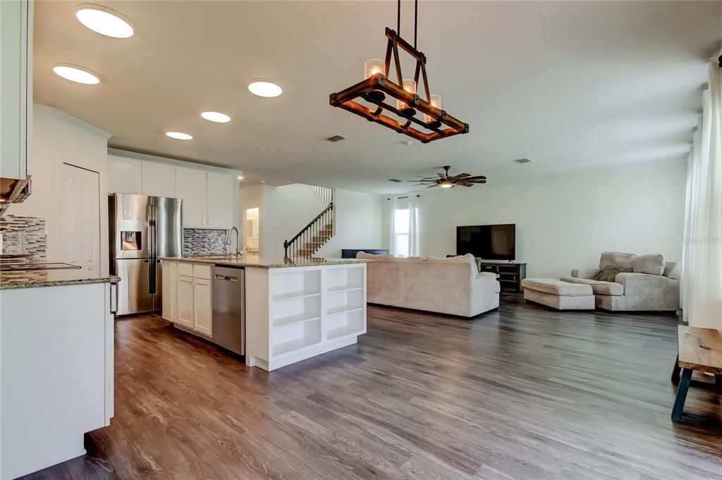 Interior, Kitchen, Living room, Pendant Lights, Recessed Lighting, Stainless Steel Appliances, Wood Texture Flooring