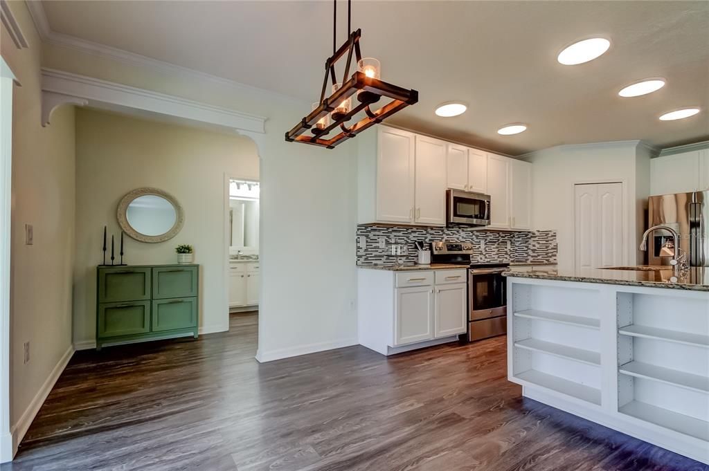 Interior, Kitchen, Pendant Lights, Recessed Lighting, Stainless Steel Appliances, Wood Texture Flooring