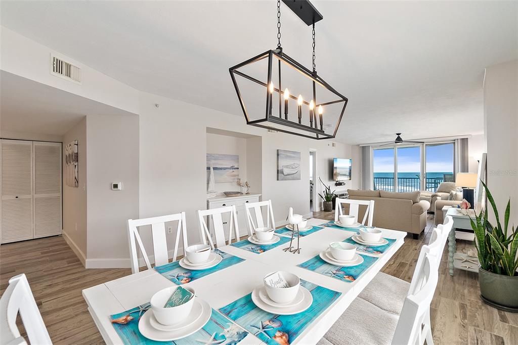 Dining room, Interior, Pendant Lights, Water, Wood Texture Flooring