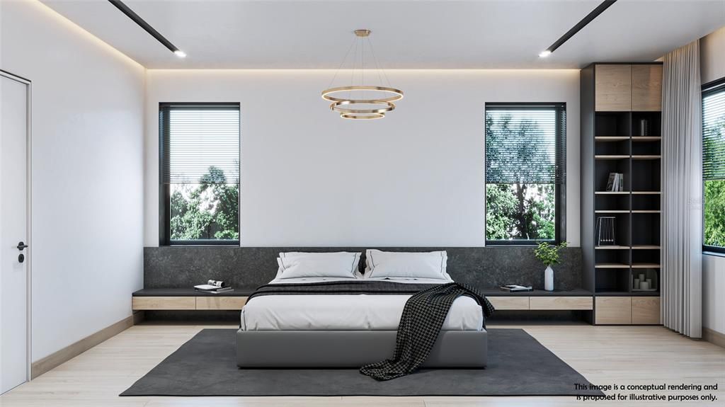Bedroom, Interior, Pendant Lights, Recessed Lighting, Wood Texture Flooring