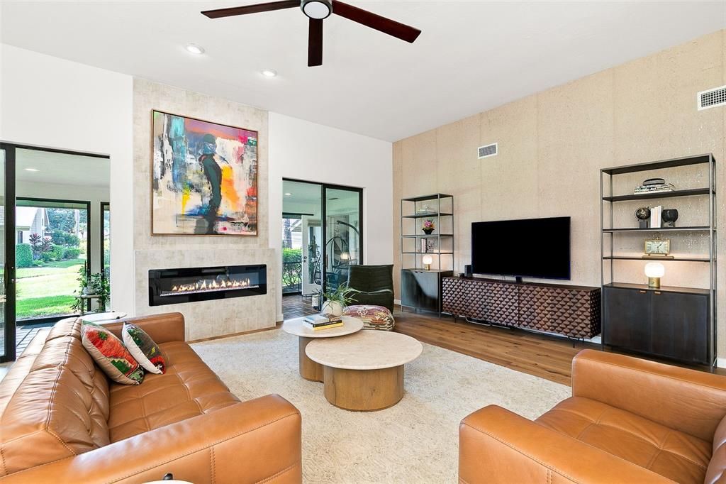Fireplace, Interior, Living room, Recessed Lighting, Wood Texture Flooring