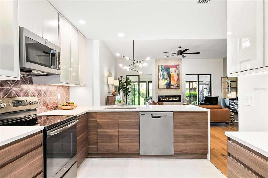 Fireplace, Interior, Kitchen, Pendant Lights, Recessed Lighting, Stainless Steel Appliances